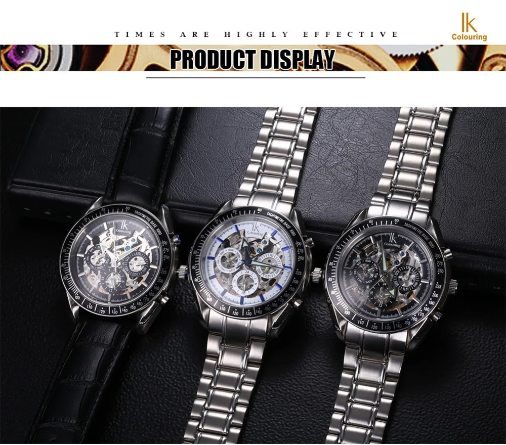 IK العلامة التجارية الفاخرة التلقائي ساعات آلية الرجال الفرعية الهاتفي وظيفة تاريخ 24 ساعة عرض جلد طبيعي الهيكل العظمي ووتش relojes