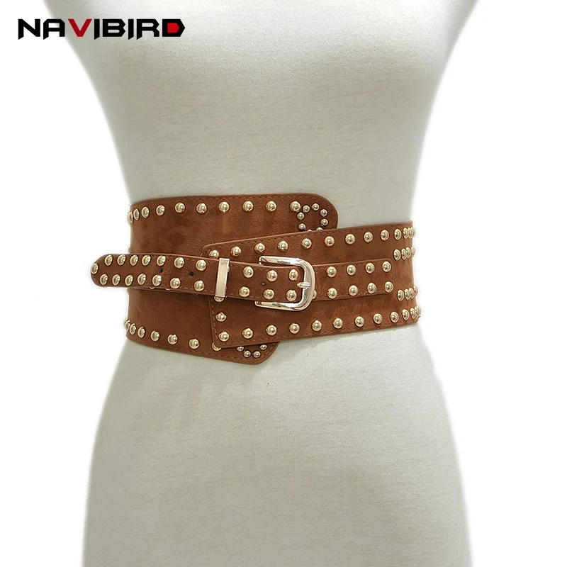 New Punk Rivets Designer Wide Corset Belt For Women 2018 Elastic Suede