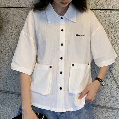 

Simple Vintage Blue White Button Line Turn Down Collar Loose Short Sleeve All Match 2019 Summer Female Women Top T-shirts