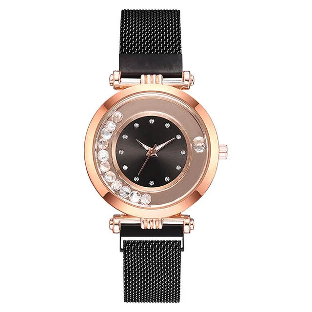Роскошные бриллиантовые женские магнитные часы, модные женские кварцевые часы с браслетом, сетчатый стальной Звездный циферблат, женские наручные часы, reloj mujer - Цвет: Черный