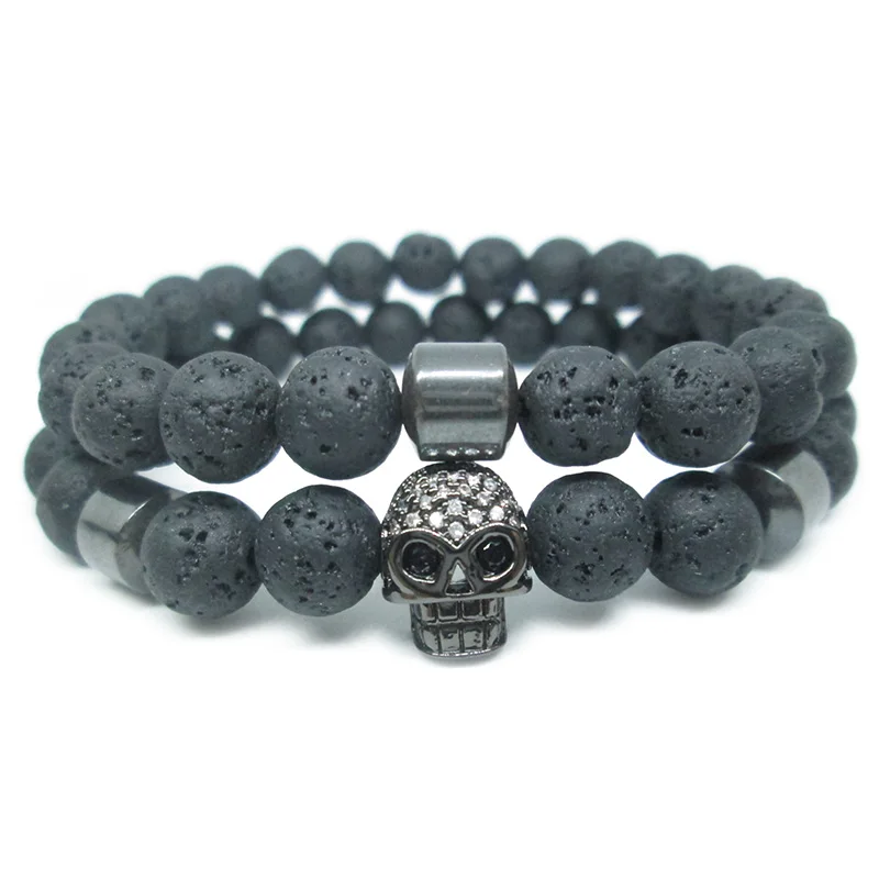 2 PCS Skull Bracelets Bone Head Mask CZ Skeleton Black Lava Natural Stone Budha Magnetic Hematite Obsidian Wrist Band