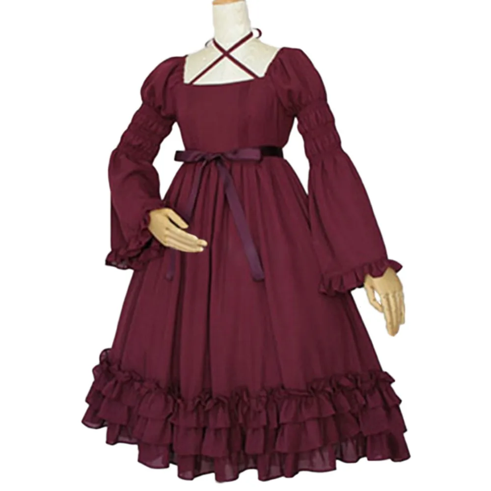 

WineRed Gothic Lolita Dress Medieval Renaissance Victorian Square Collar Retro Dress For Girls Women