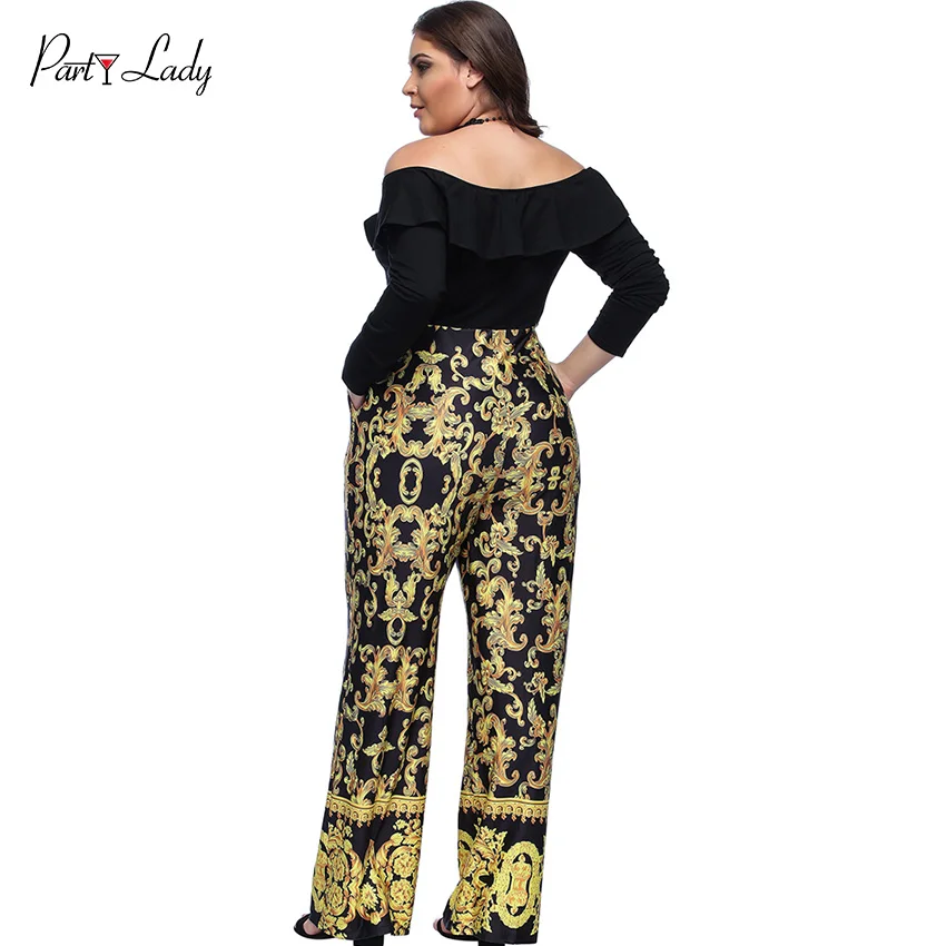 Party Lady Plus Size Loose Sexy Club vintage Women Jumpsuits  Digital Print Rompers Slash Neck Gold Color Full Length Rompers -D