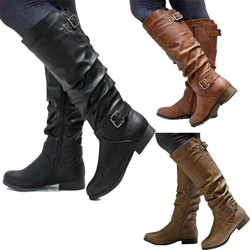 

Casual Shoes Zipper Flats Boots Women Fashion Wide Calf Low Heel Belt Buckle Riding Leather Boots Knee Boots