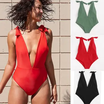 

Hot Women One Piece Swimsuit Push up Padded Bathing Suit Solid color Bikini High waist Swimwear bandage backless Beachwear 2018