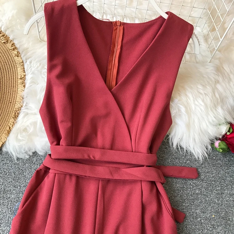 Sleeveless V-neck High Waist Sashes Wide Leg Jumpsuit