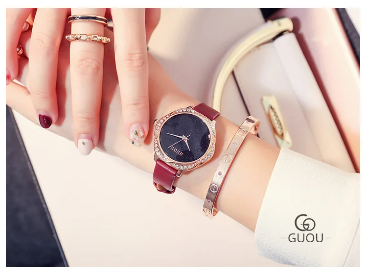 Новая мода Кристалл Kobiet zegarka для женщин; известный бренд Часы GUOU Для женщин Повседневное Кварцевые часы роскошные часы с кристаллами reloj mujer