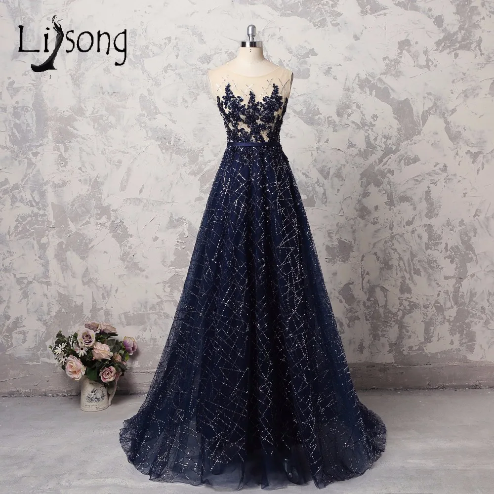Luxury Navy Blue Shiny Evening Dresses Arabia Crystal Beaded Long
