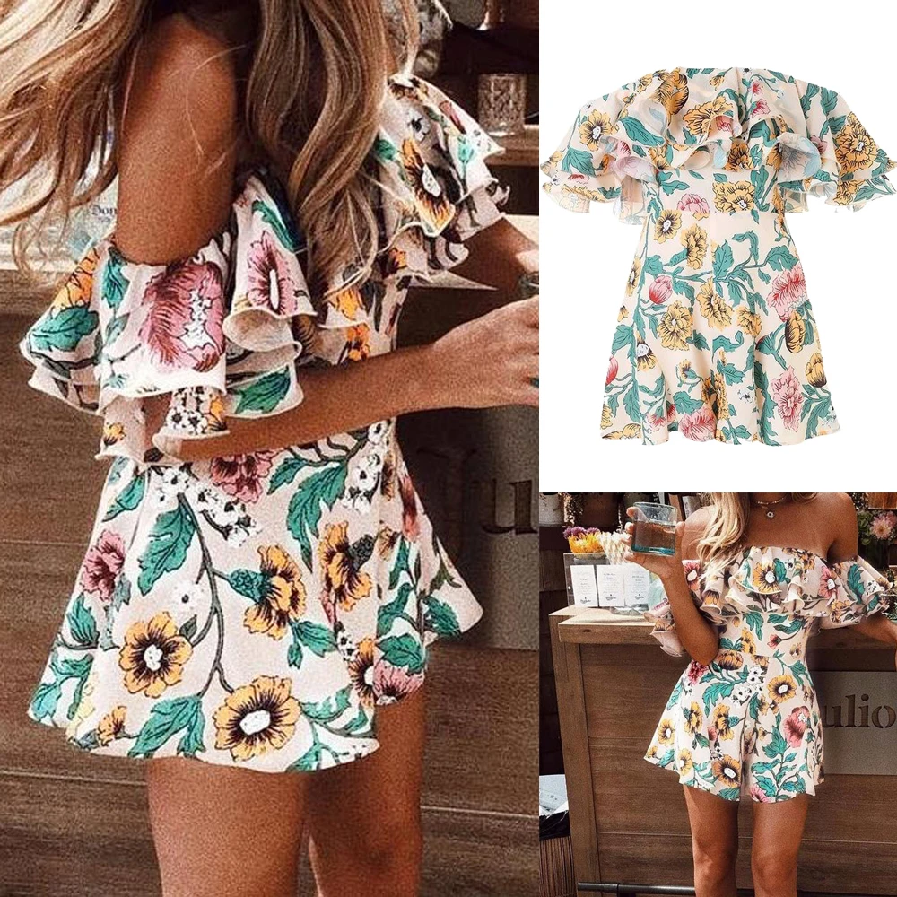 Boho Floral Print Holiday Beach Jumpsuits Women Sweet Clothes Off Shoulder Ruffles Jumpsuits Rompers Sexy Girl Short Overalls