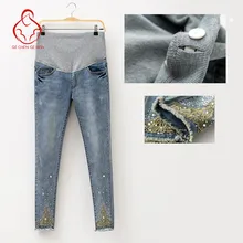 2017 Spring Jeans Maternity Pregnant Women Pants Fashion Hot Beads Maternity Pants Pregnant Trousers Maternity Pregnant Clothes