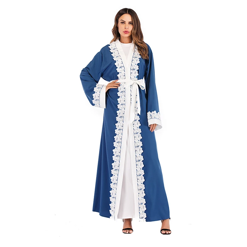 Дубай свободные Абая кафтан турецкий мусульманский для женщин кружево шить платье костюмы Исламская Леди с длинным рукавом синий