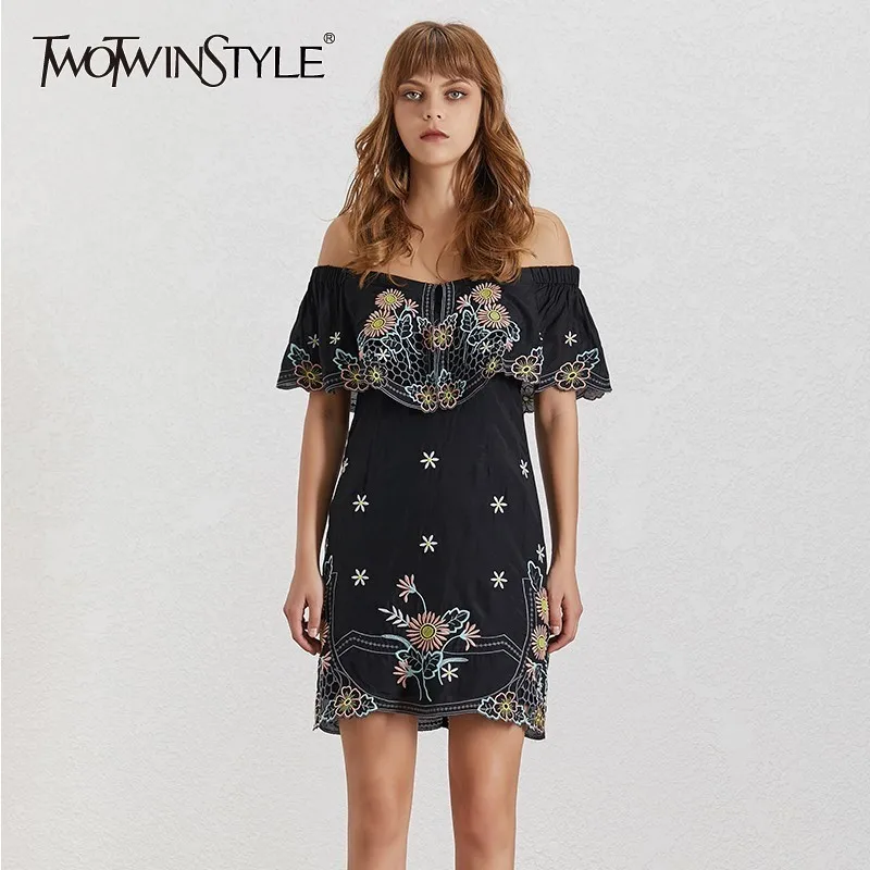 

TWOTWINSTYLE Summer Flower Embroidery Women Dress Off Shoulder Slash Neck Short Sleeve High Waist Bodycon Mini Dresses Female