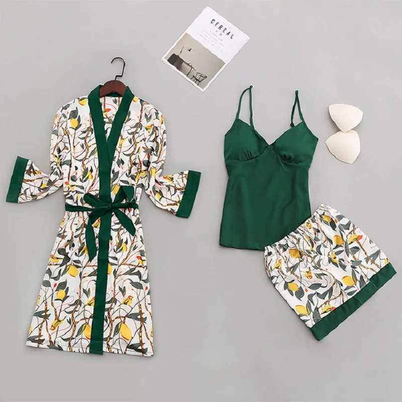 Sexy Women Pajamas Set 4 Pcs Sexy Lace Pyjamas Femme Girls Satin Silk Sleepwear Nightgown Pijamas Robes Sleep Lounge Homewear - Цвет: green-3pcs