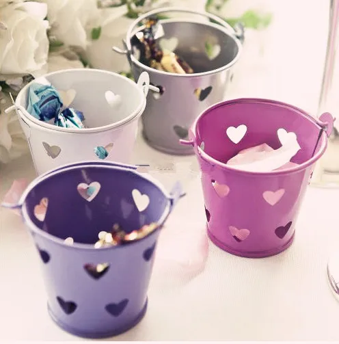 

Promotion sale 6pcs/lot candy packing favors metal pails with heart laser-cutting in white silver pink and violet color