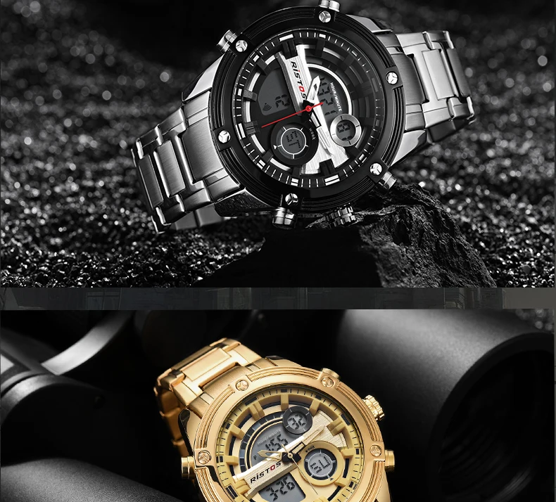 RISTOS многофункциональный хронограф мужские спортивные часы из нержавеющей стали цифровые модные наручные часы Военные Relojes Masculino 9340