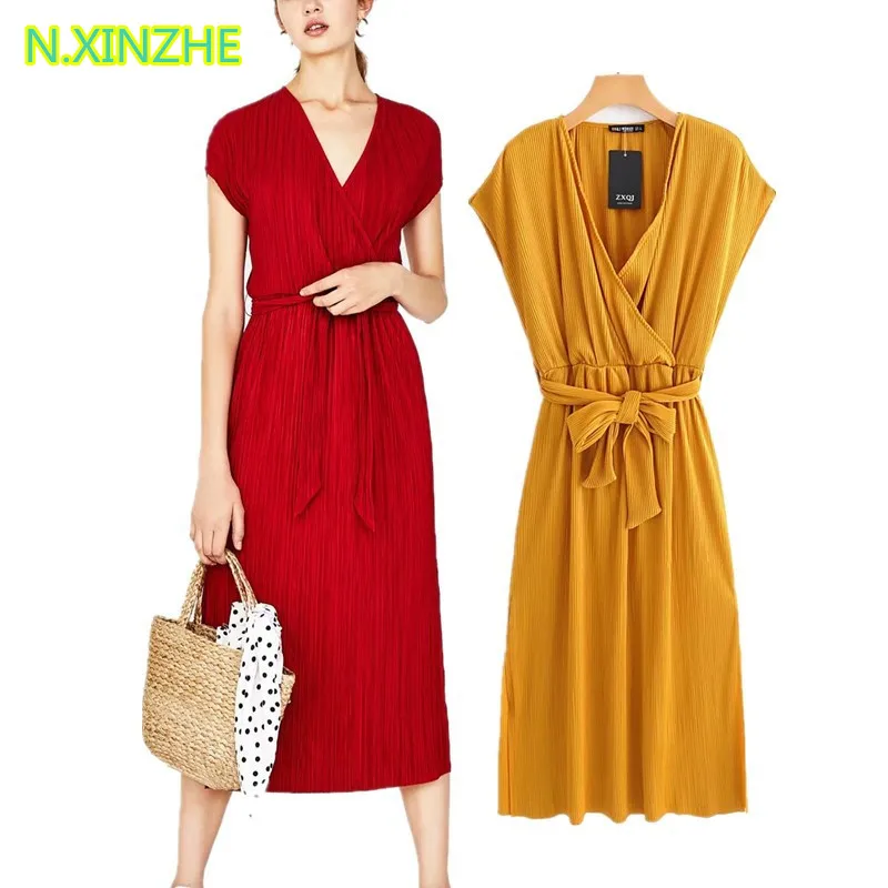 

N.XINZHE 2018 women clothing short sleeve V-Neck split solid dress Female high street fashion belt slim Midi dresses S5143