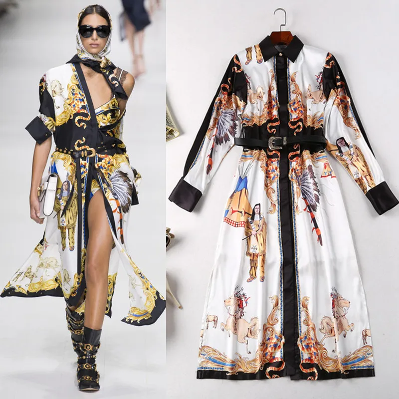 

New Arrival 2018 Women Auturn Clothes Fashion Turn Down Collar Long Sleeve Patchwork Dress Empire Print Vintage Slim Dress