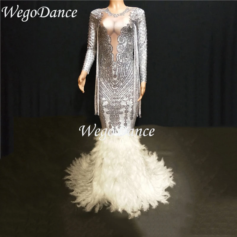 

New Fashion Luxurious Sparkly Crystals Tassel Long Feather Dress Birthday Celebrate Stones costume Bridal Dresses