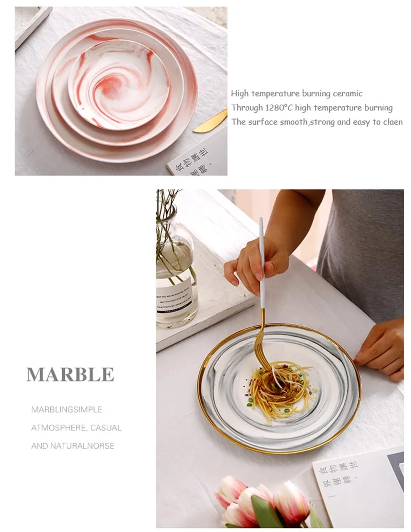 Розовый керамический марширующий плоский тарелка с золотым краем, блюдо для ужина, креативный поднос для завтрака, лотки для еды, фруктовая круглая тарелка, украшение для дома
