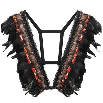

Black Gothic Feather Body Harness Cape Lingerie Epaulettes Shoulder Wings Cage Bra Lingerie Cosplay Steampunk BurningMan Rave