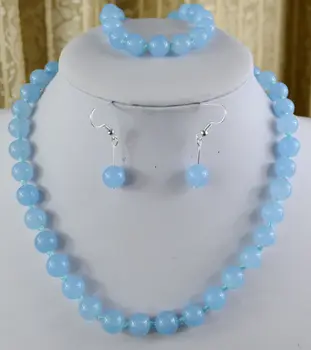 

FREE SHIPPING 10mm Natural Blue Aquamarine Necklace Bracelet Earring Set 18" AAA (30%)