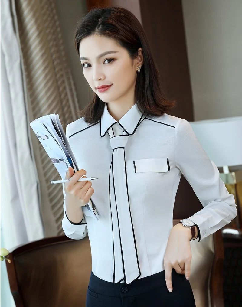 

New 2019 Fashion Formal Women Blouses & Shirts with Tie Long Sleeve Ladies Work Wear Blouses Female Tops White