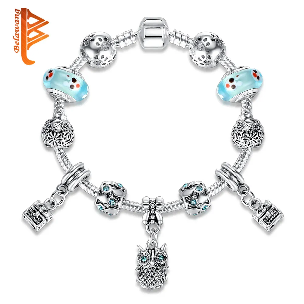 

BELAWANG Silver Charm Bracelet & Bangle with Animal Owl Charm Murano Glass Crystal Beads Bracelets for Women Drop Shipping