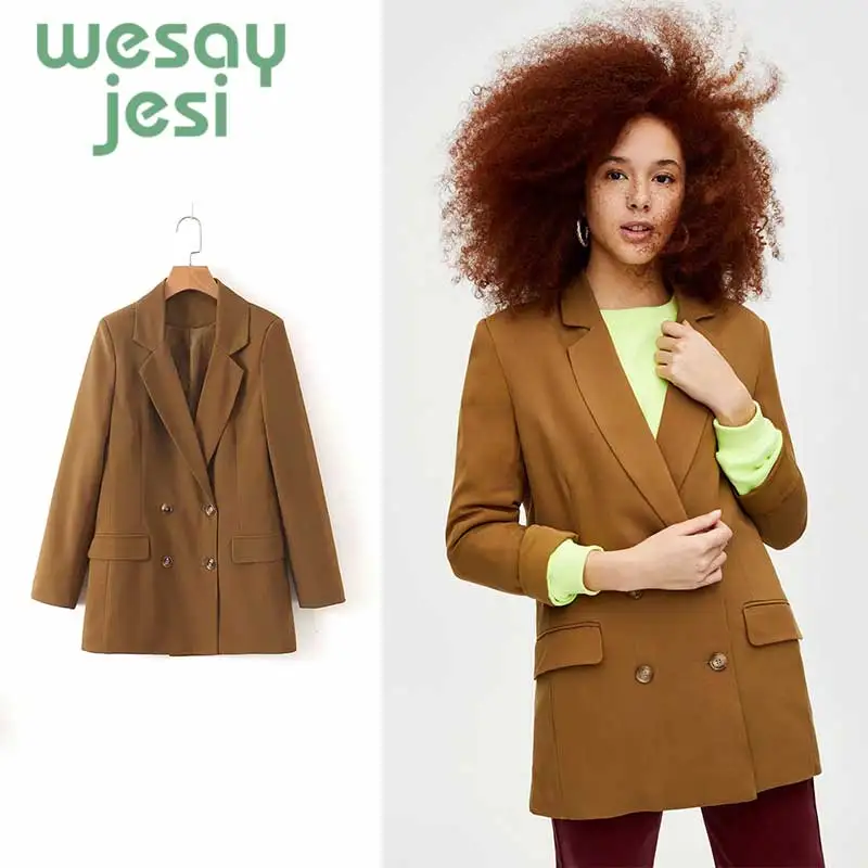 

Vintage Bouble Breasted Plaid Women Blazer Pockets Jackets Female Retro Suits Coat Leisure Khaki Blazer Loose Coat Streetwear