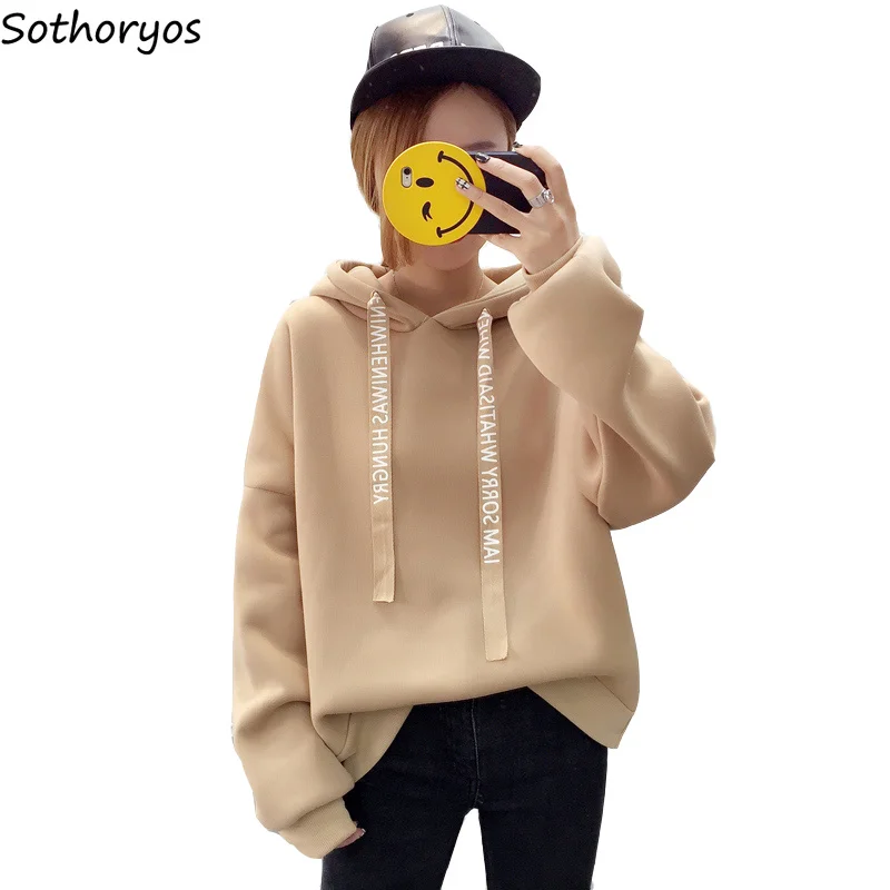 

Hoodies Women Loose Hooded All-match Letter Printed Puff Sleeve Pullovers Womens Thicker Trendy Cotton Korean Style Sweatshirts