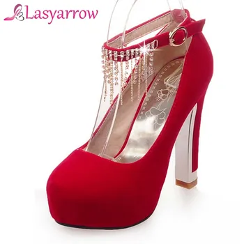 

Lasyarrow Metal Chains Tassel Ankle Strap Wedding Shoes Round Toe Platform Shoes Woman Shallow Thick High Heels Ladies Pumps