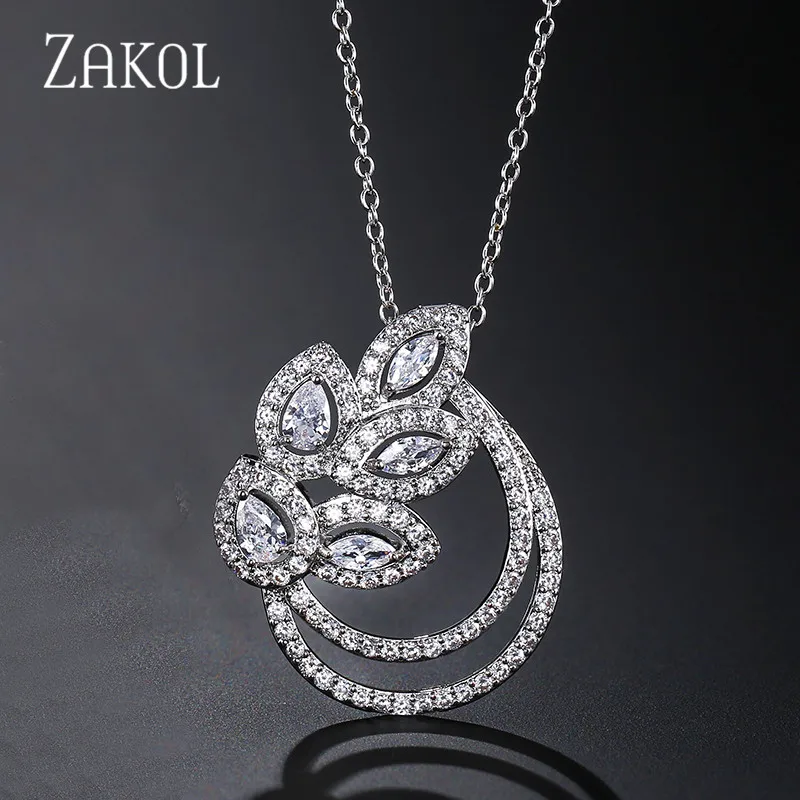 

ZAKOL Fashion Cubic Zirconia Charm Leaf Pendant Necklaces For Women Girl Wedding Party Jewelry Gift FSNP2041