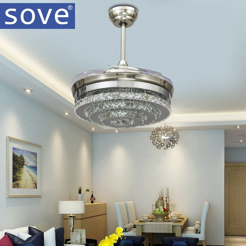 SOVE, современный светодиодный потолочный светильник с невидимыми кристаллами, подвесной потолочный светильник для спальни, вентилятор с дистанционным управлением - Цвет лезвия: Nickel