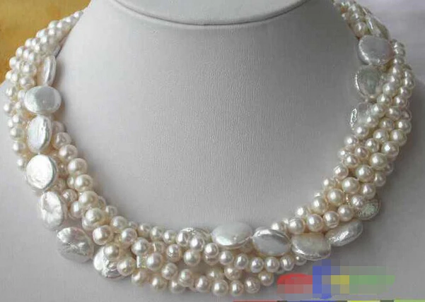 

Wholesale FREE SHIPPING >>> 5ROW 14MM WHITE round/coin FRESHWATER CULTURED PEARL NECKLACE