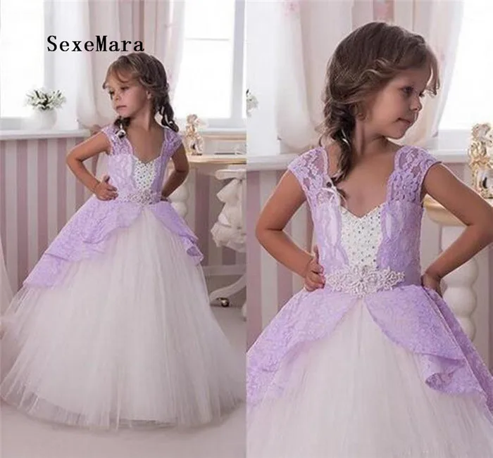 

New Girls Dresses Lavender Lace Party Prom Pageant Gown Applique Beaded Sash Flower Girl Dress for Wedding Girls Birthday Gown