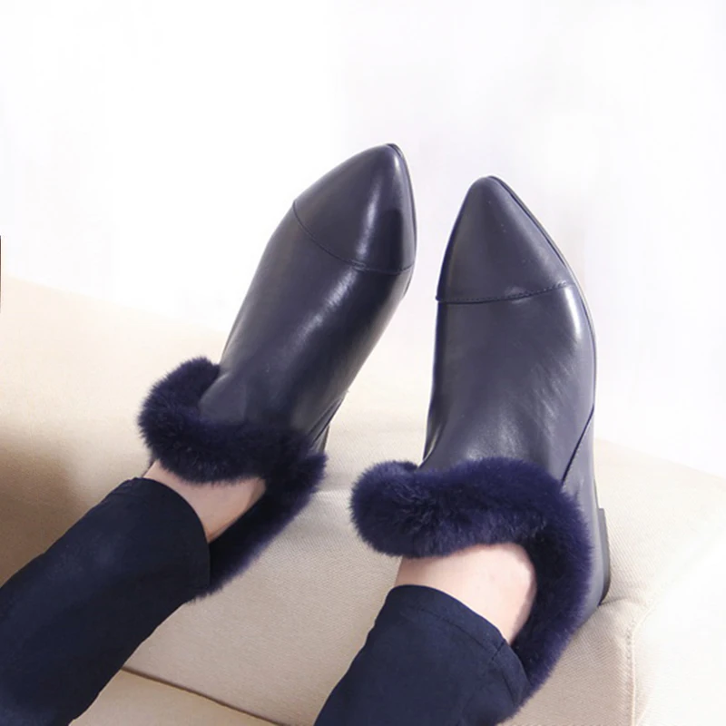 

2018 Winter Fashion Genuine Leather Women Booties Flat Shoes Pointed Toes Rabbit Fur Ladies Shoes Snow Boots Warm Boots