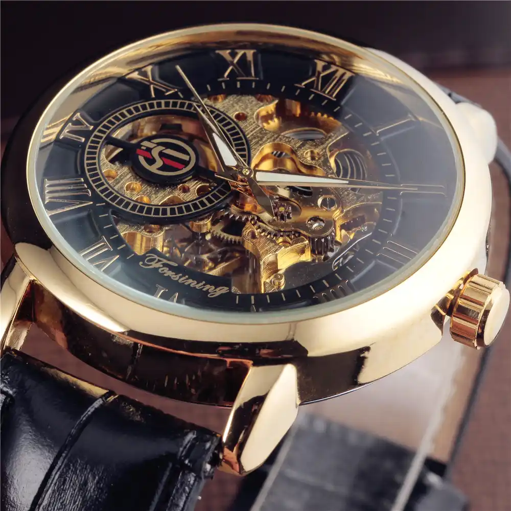 forsining 3d logo design hollow engraving black gold case leather skeleton mechanical watches men luxury brand heren horloge