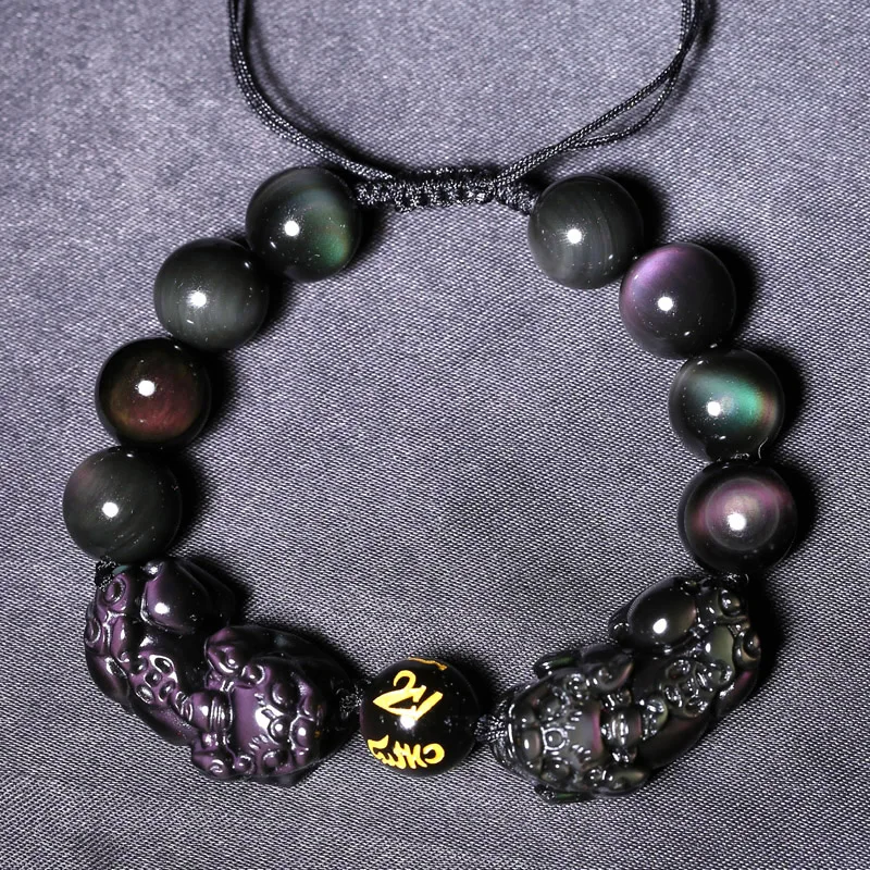 Jewelry Bracelet Natural Obsidian Double Pixiu Rope Chain Beaded Bracelet Wealth Pixiu Dragon Adjustment Bracelets For Men Women