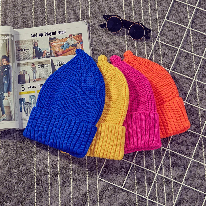 

Newly Autumn Winter Knit Hat For Women Men Skullies Beanie Caps Solid Sharp Top Onion Version Knitted Hats