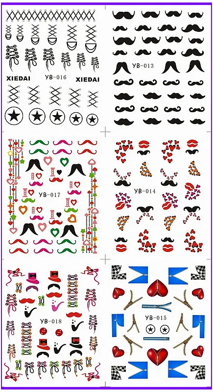 

6 PACKS / LOT NAIL ART WATER TRANSFERS STICKERS NAIL DECALS MUSTASH HEART ZIPPER YB013-018