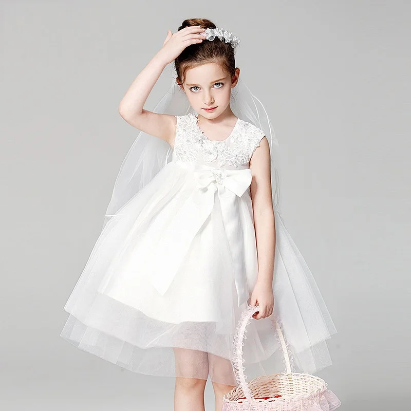 

Ball gown puffy tulle flower girl dresses lace appliqued ruffles tiered holy first communion kid formal gown