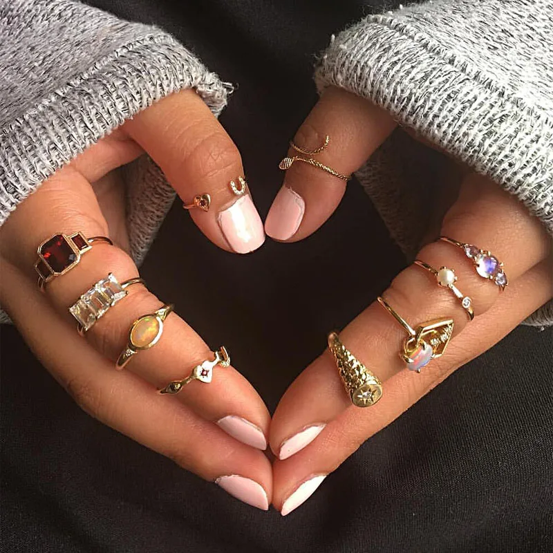 

10pcs/sets Vintage Party Knuckle Rings for Women Boho Geometric Flower Crystal Ring Set Bohemian Bague Femme Midi Finger Jewelry