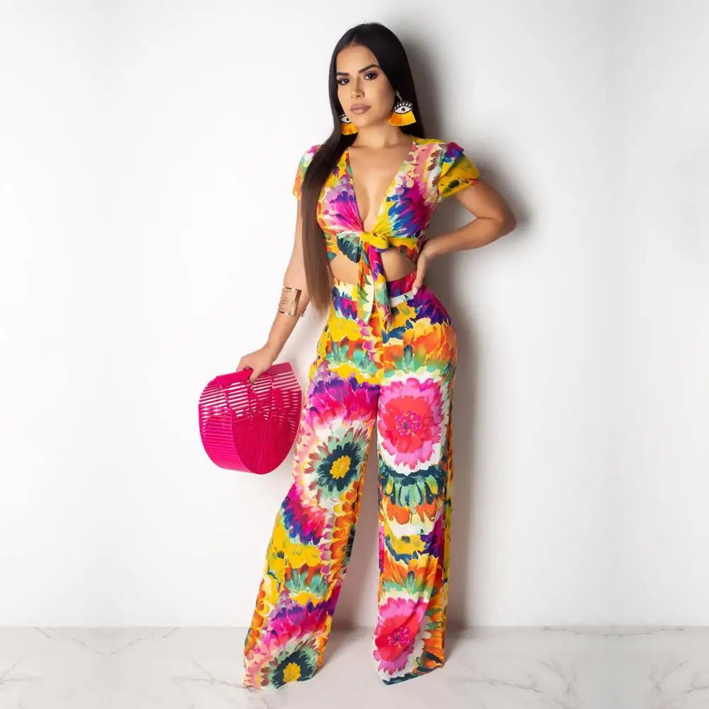 

2019 Summer Women's Flora Print Hollow Out V-Neck Sexy Women Jumpsuits Holiday Female Playsuits Women Rompers