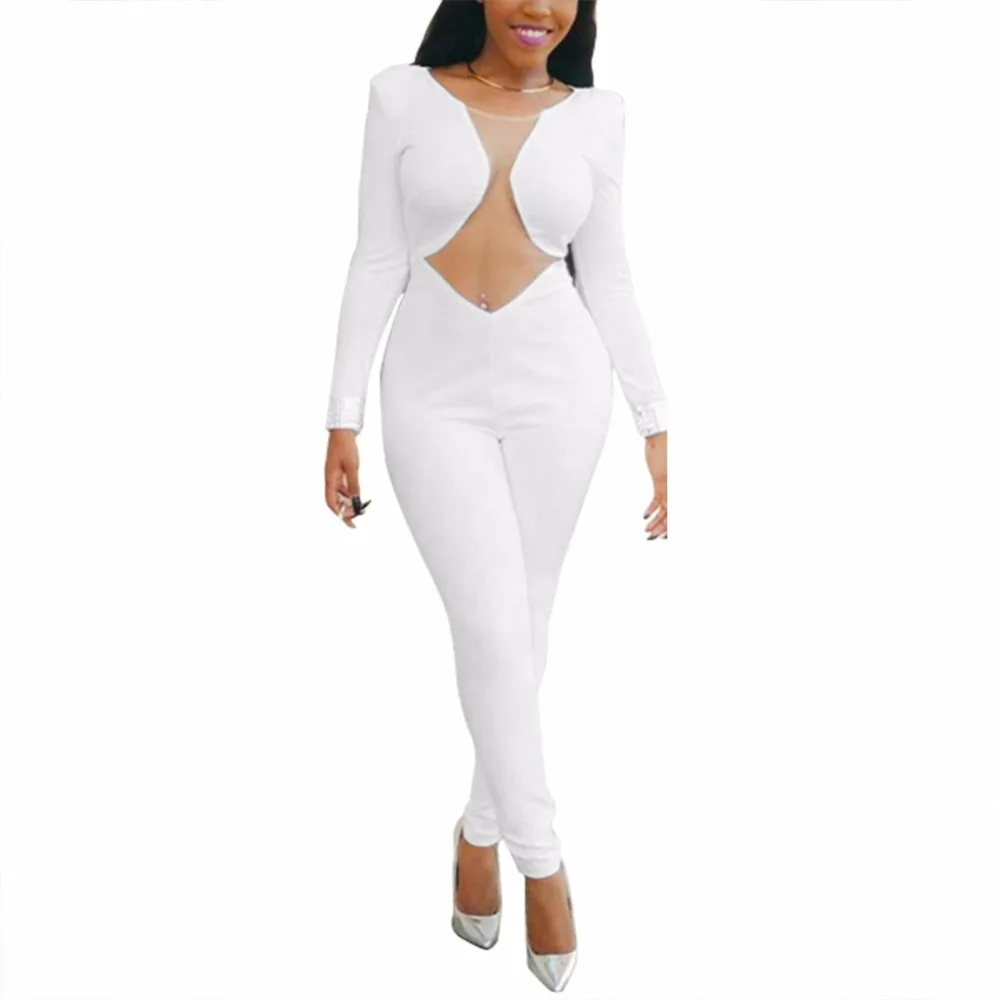 Women Sexy Hollow Out Bodysuit 2016 Full Length Bodycon Bandage Jumpsuit White See Through O