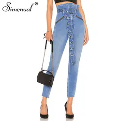 Simenual молния уличная Высокая талия джинсы для женщин женские пояса старинный карандаш брюки поясом карман джинсовые мотобрюки модные