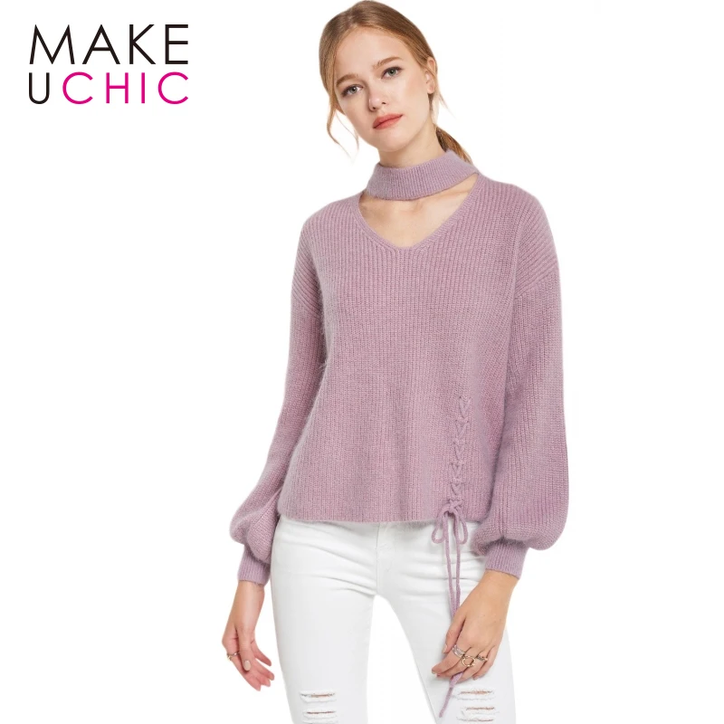 MakeUchic Women Solid White/Purple Sweater Hollow Out Turtleneck Lantern Sleeve Lace Up Cross Knitted Casual Female Pullovers | Женская