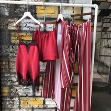 Женские четыре части пижамы наборы v-образным вырезом кружева шелковые Домашняя одежда пижамный комплект пижамы для женщин