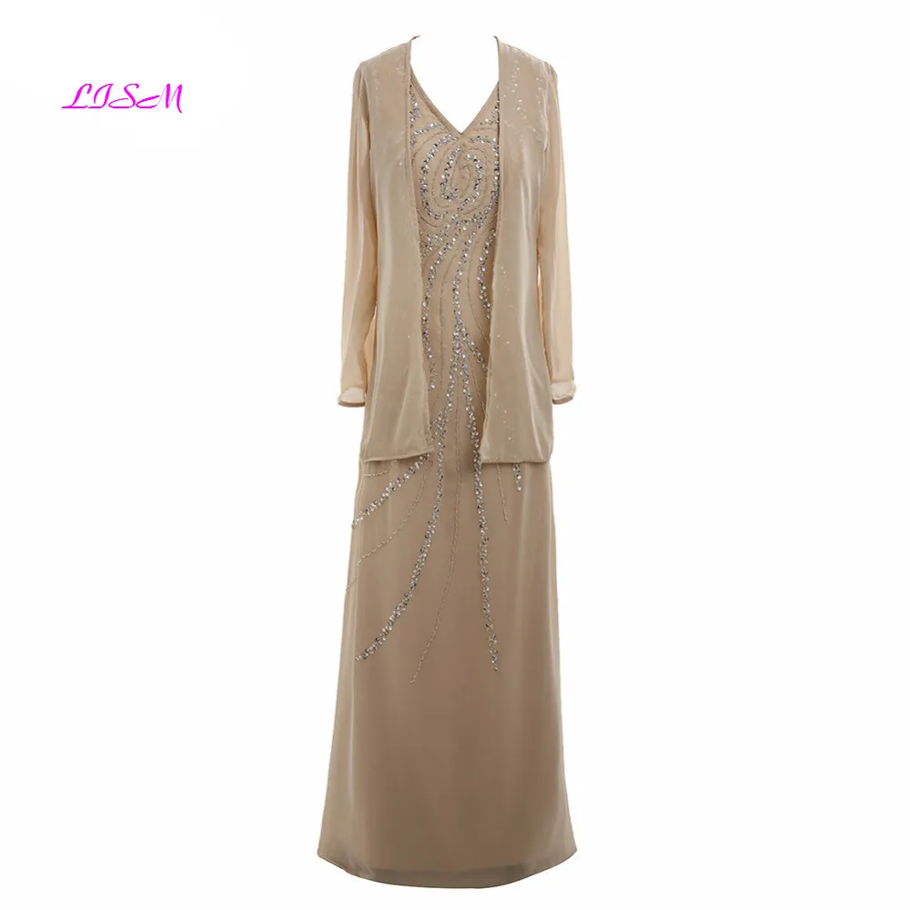 

Elegant Chiffon Mother of the Bride Dresses with Jacket V-Neck Crystals Beaded Long Formal Gowns Women Plus Size Godmother Dress