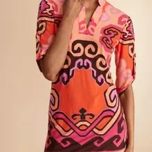 Для женщин летнее платье Бросился Топ фьюжн шелковые женские Модные Рубашка Стиль цельный платье Стенд воротник печати трикотажные эластичные