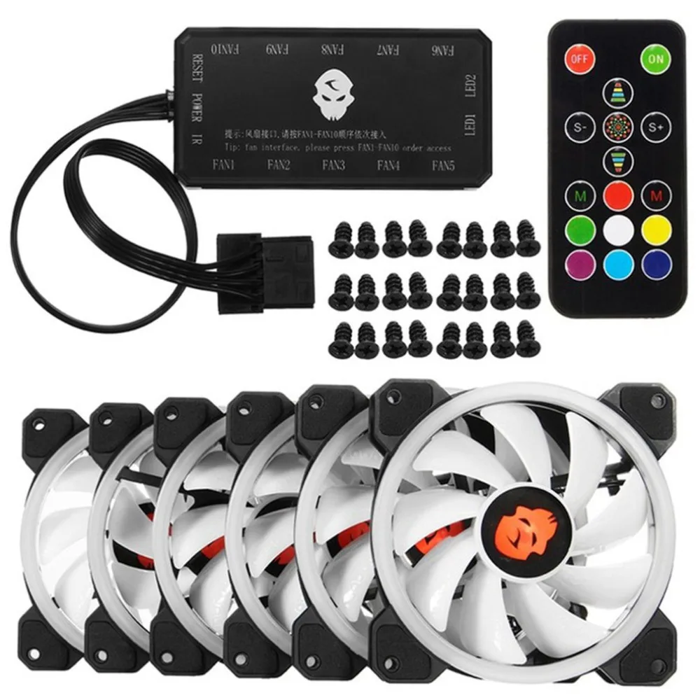 

6pcs 120mm Computer PC Cooler Cooling Fan Double CPU Cooler Ring RGB Adjust LED Fan With Remote Control 366 Modes For CPU