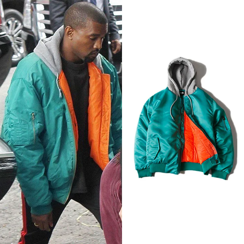 Kanye West MA1 Pilot Bomber Hooded Jacket Male Thick 2018 Trend Streetwear Pure Color Pleated Sleeve Zipper Loose Urban Clothes|Jackets| - AliExpress